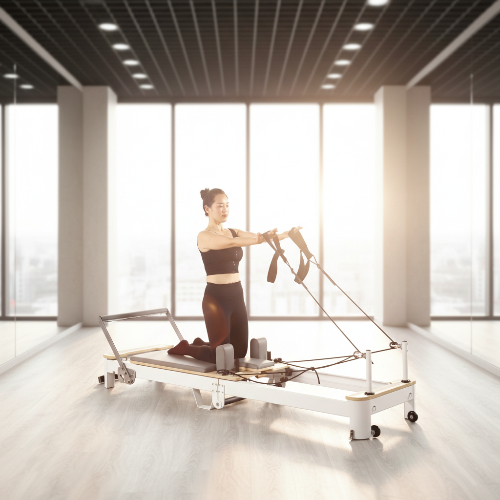 Pilates & Yoga Vida - Oak Pilates Reformer, White Aluminum Foldable,